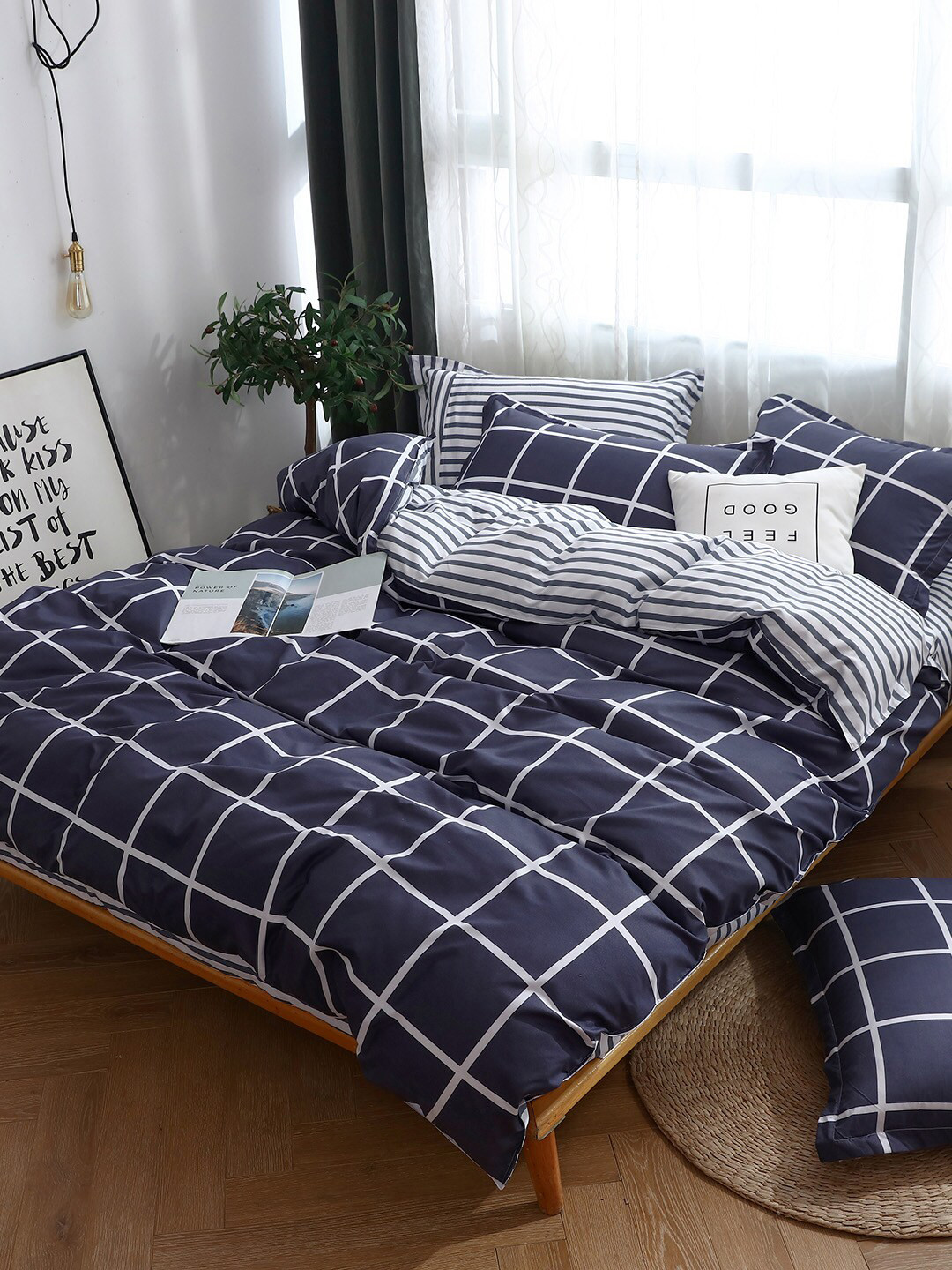 JC HOME Navy Blue & White Checked Double Extra Large Bedding Set