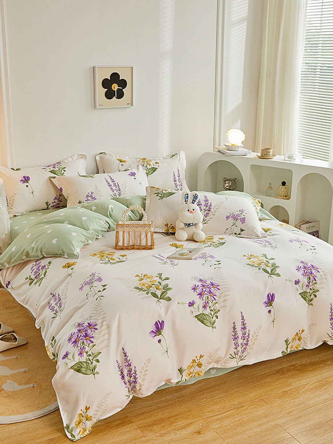 JC HOME White  Purple Floral-Printed Single Bedding Set