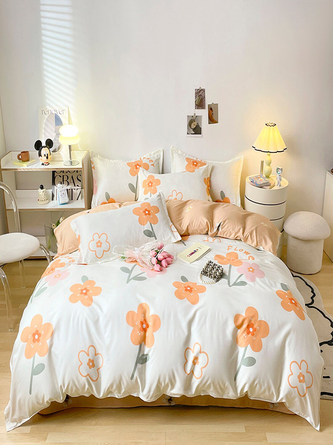 JC HOME White  Orange Floral Printed Double Queen Bedding Set