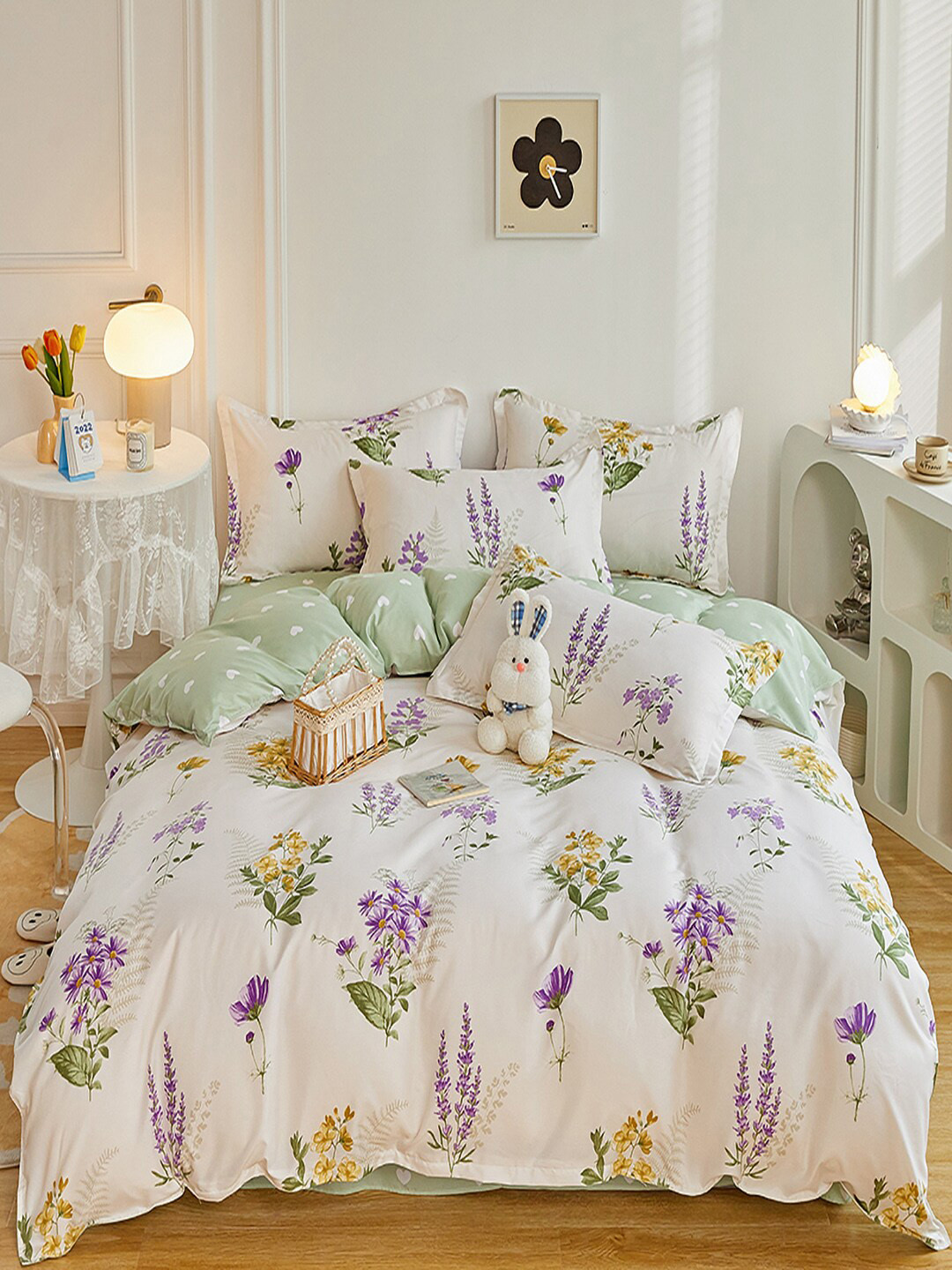 JC HOME Green & Cream Colored Printed Double Extra Large Bedding Set