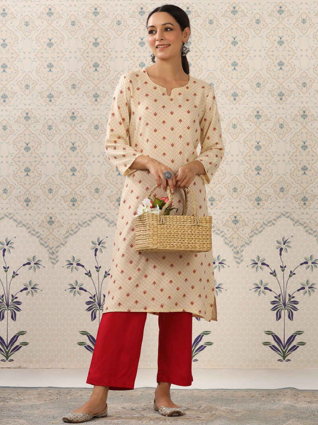 Ode by House of Pataudi Cream-Coloured & Red Printed Notched Neck Kurta With Palazzos