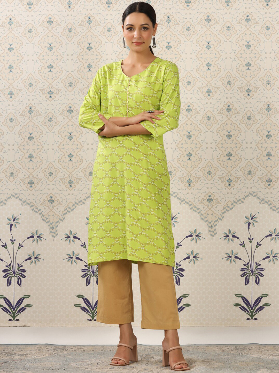 Ode by House of Pataudi Lime Green & Beige Printed V Neck Kurta With Palazzos