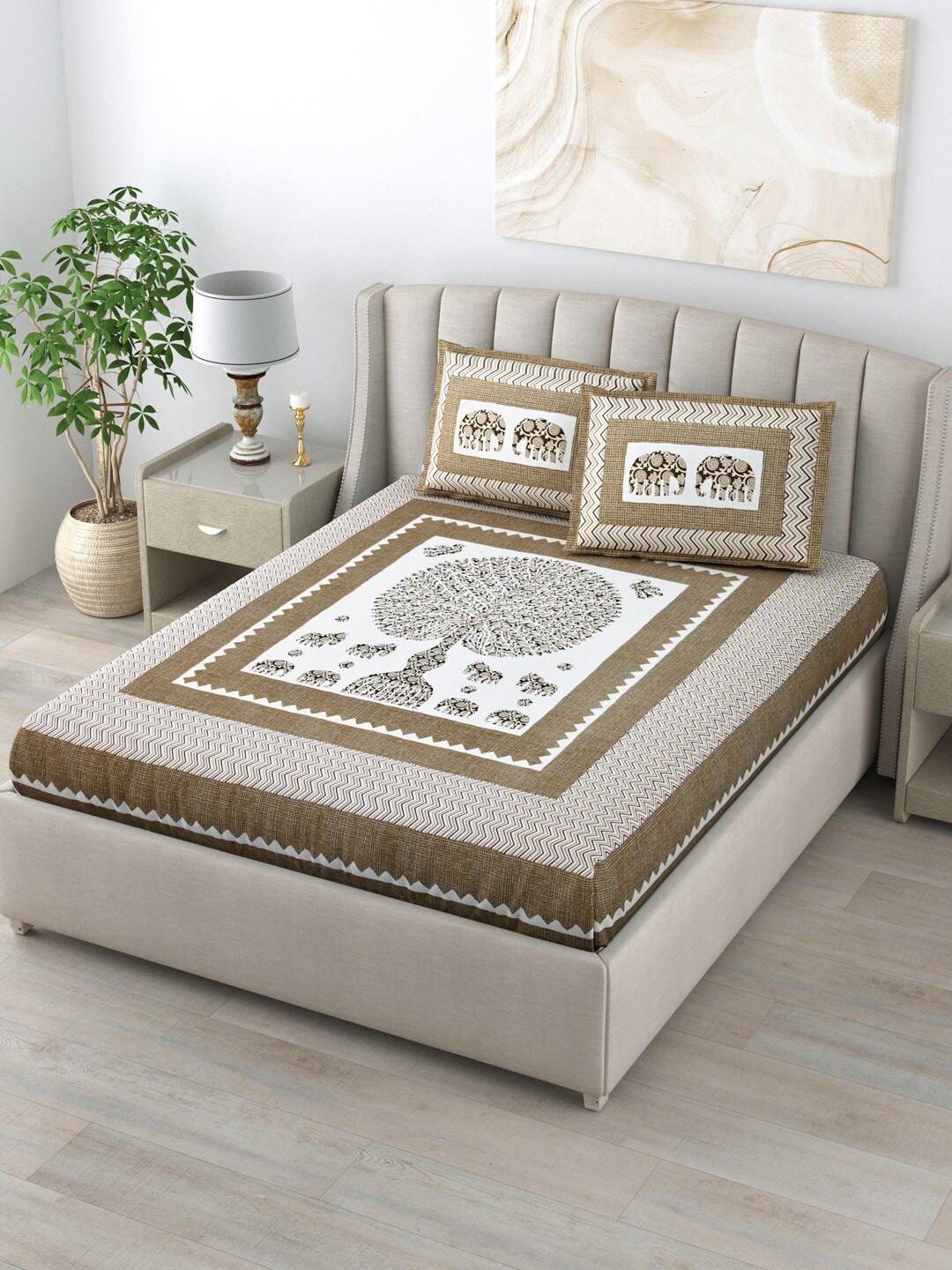 LIVING ROOTS Double King Size Jaipur Block Print Cotton Bedsheet With 2 Pillow Covers