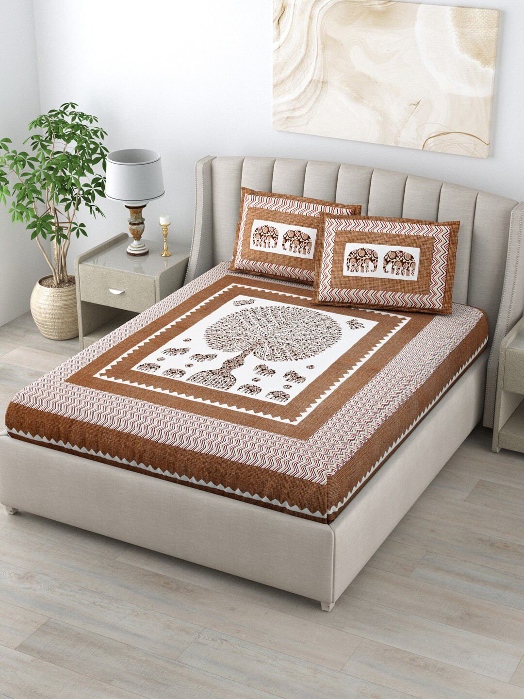 LIVING ROOTS Double King Size Jaipur Block Print Cotton Bedsheet With 2 Pillow Covers