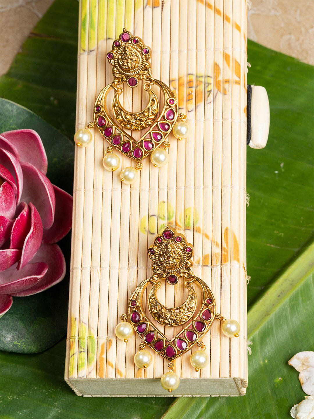 HOUSE OF ARLI Gold-Plated Magenta Crescent Shaped Chandbali Earrings