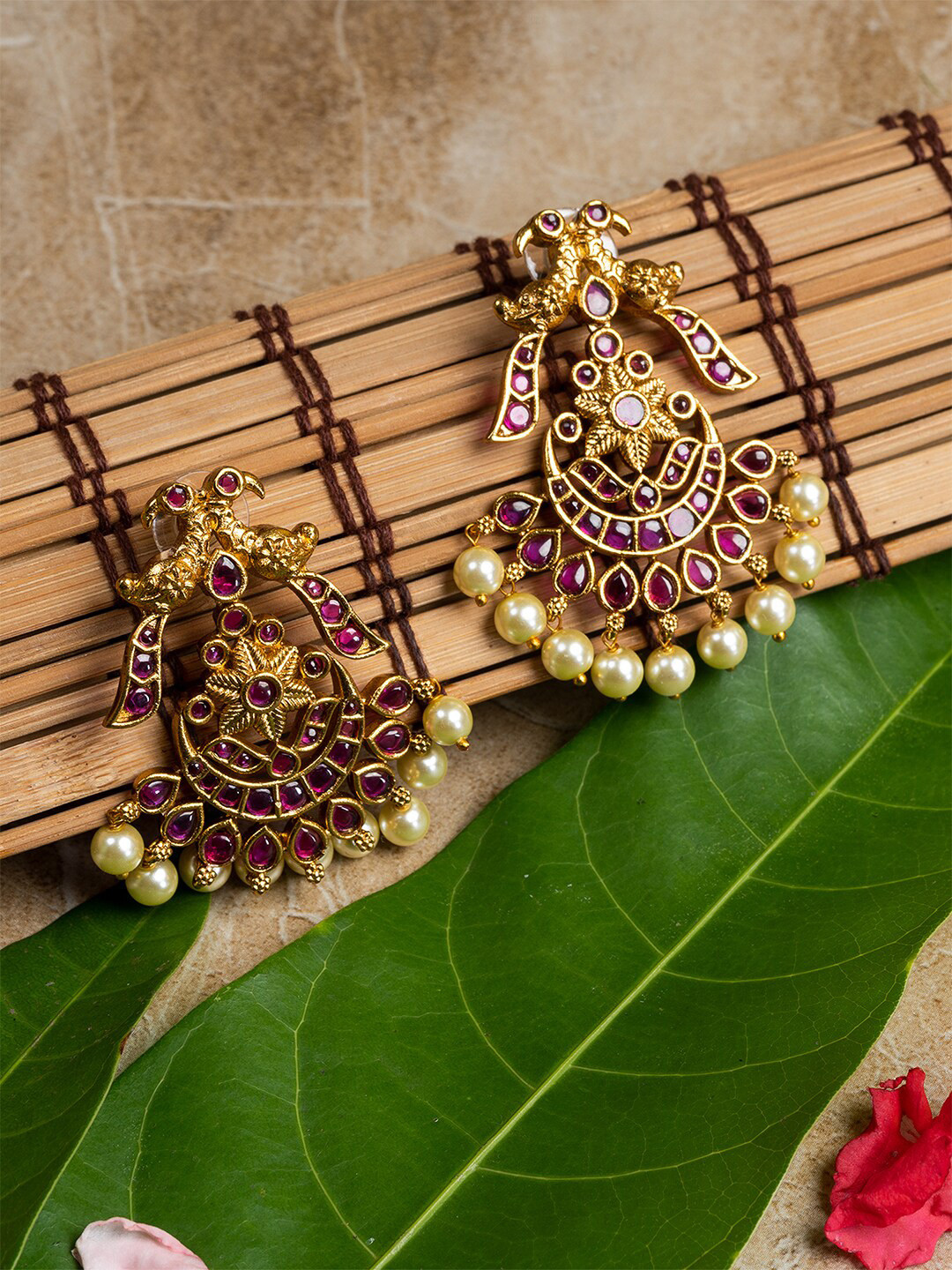 HOUSE OF ARLI Gold-Plated Peacock Shaped Chandbalis Earrings