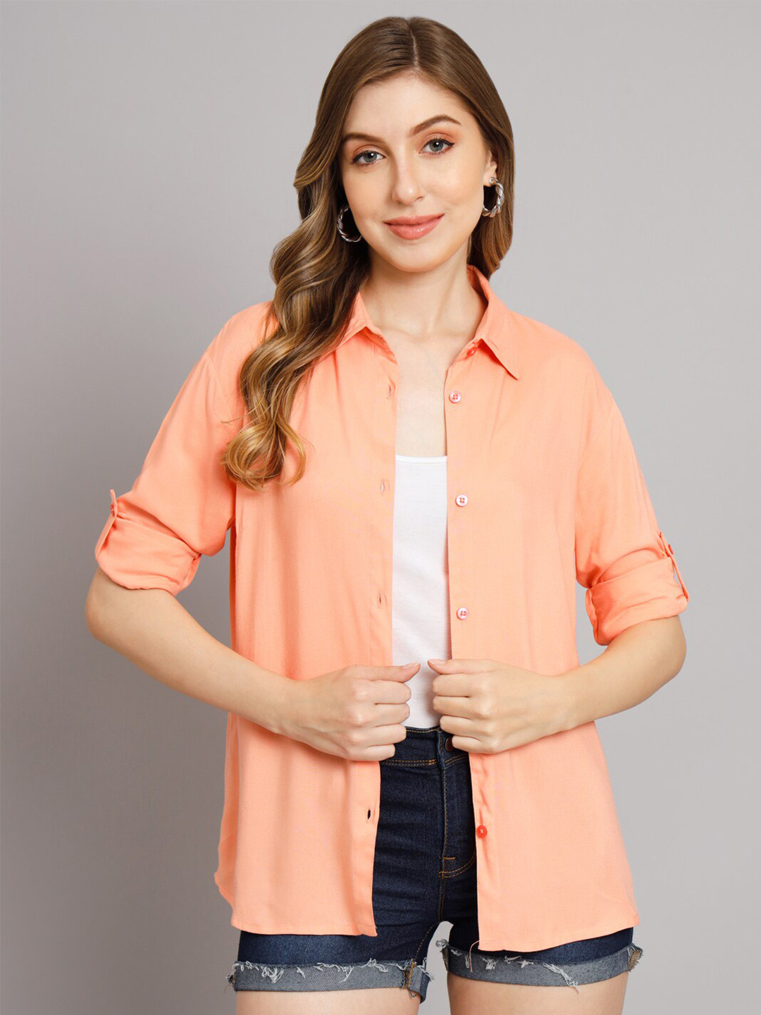 Funday Fashion Roll-Up Sleeves Boxy Fit Casual Shirt