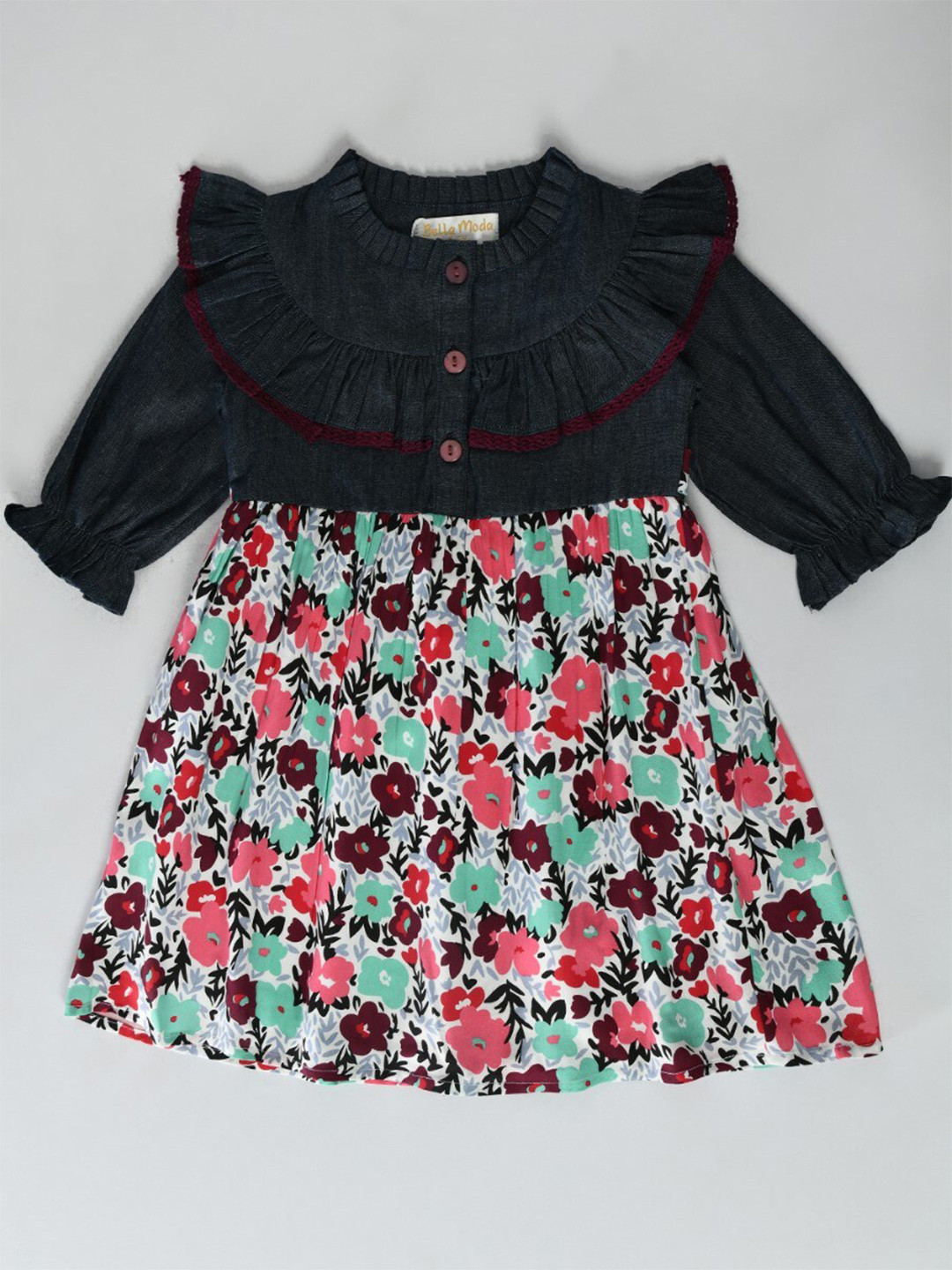 Bella Moda Girls Floral Printed Ruffled Pure Cotton Fit & Flare Dress