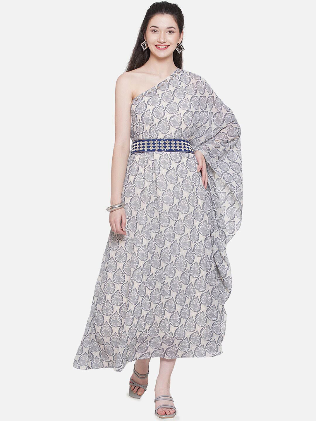 bellamia Floral Printed One Shoulder Kaftan Maxi Dress With Belt