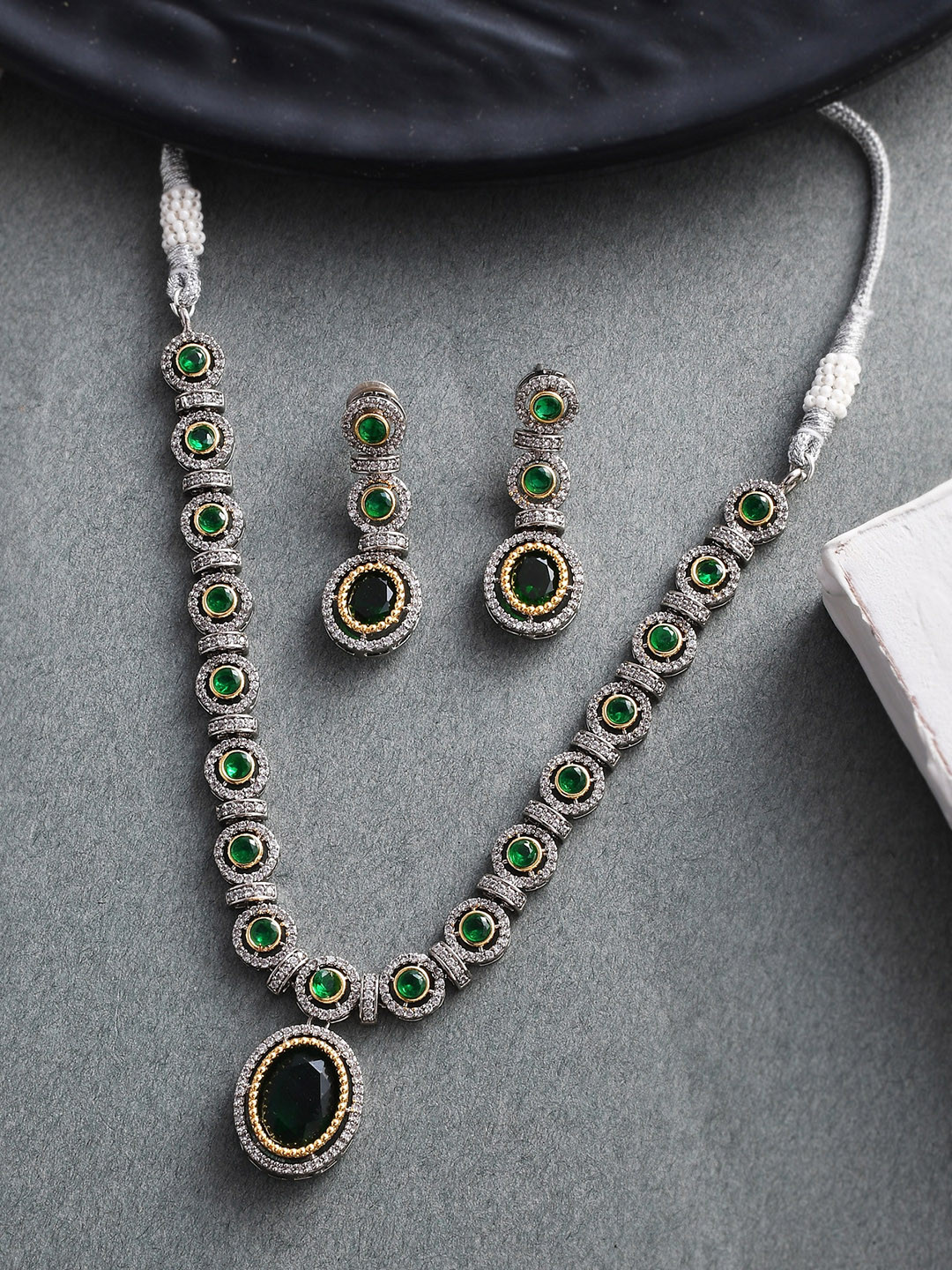 Silvermerc Designs Silver Plated Emerald & AD-Studded Jewellery Set