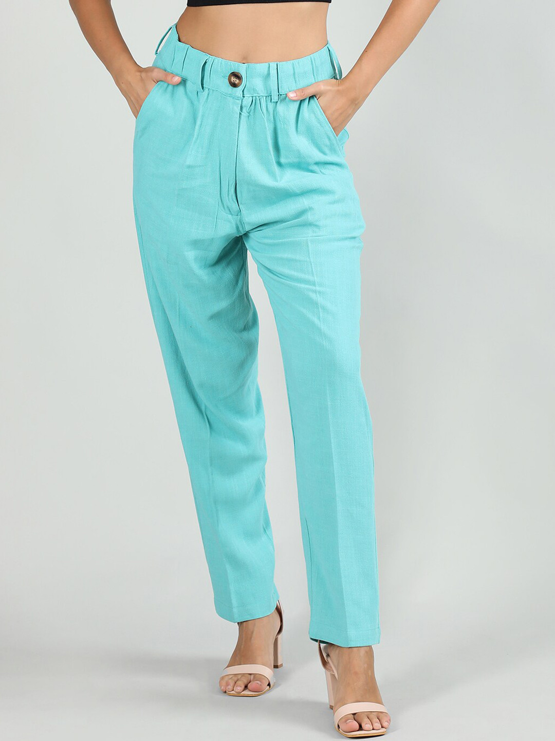 Dlanxa Women High-Rise Easy Wash Cropped Linen Trousers