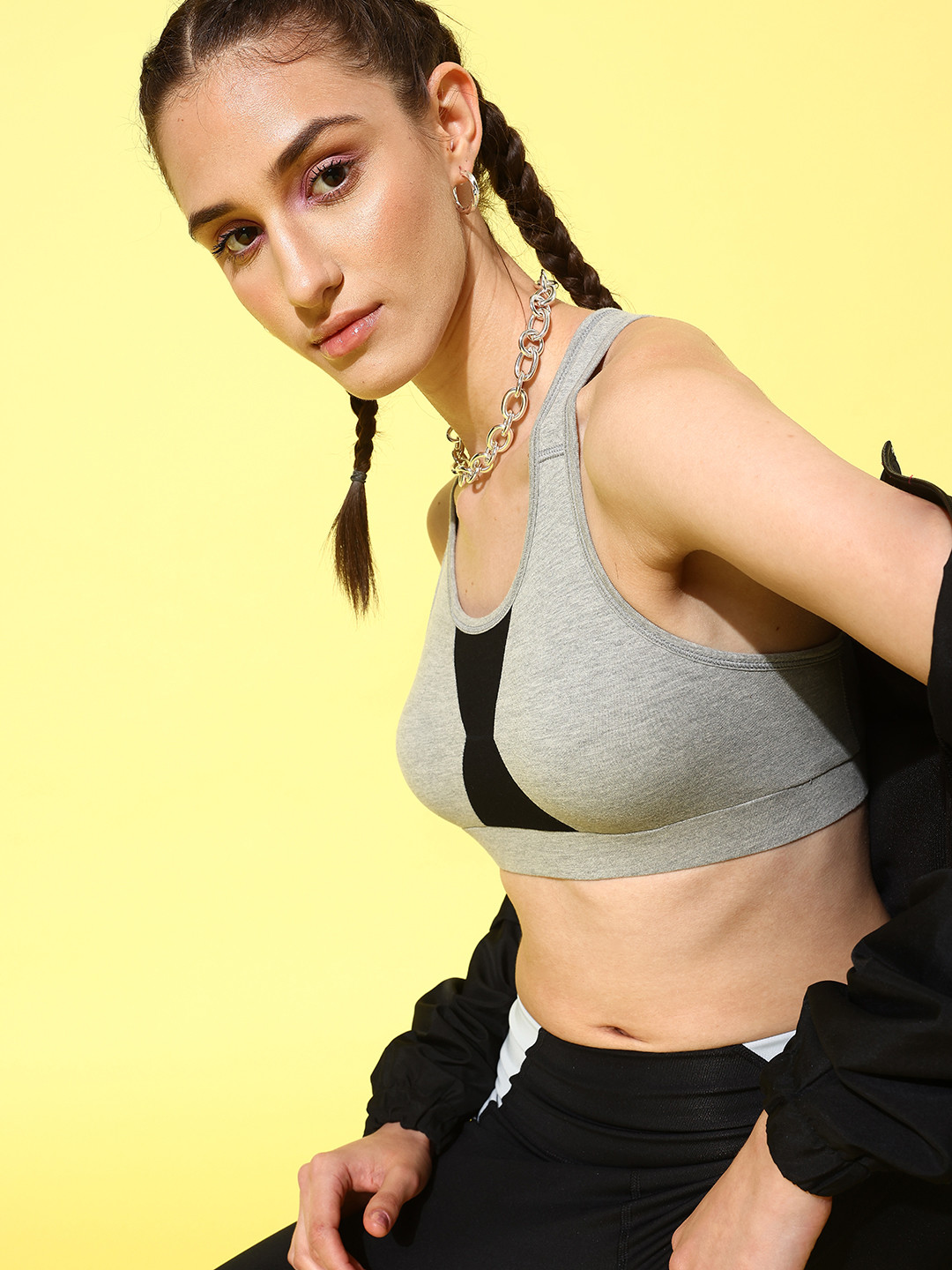 ETC Grey & Black Colourblocked Rapid-Dry Full Coverage Medium Support Workout Bra