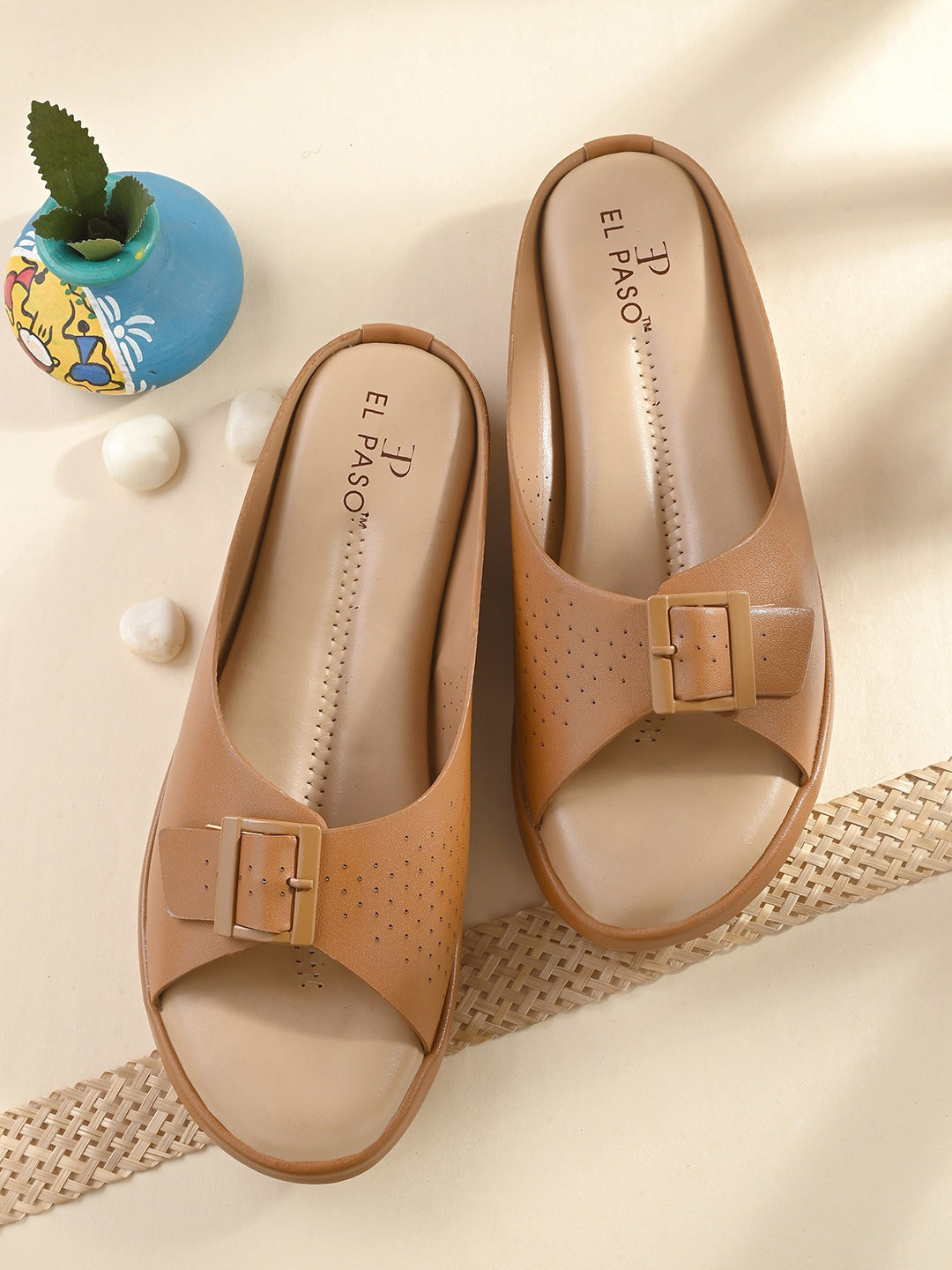 El Paso Perforated Buckled Open Toe Flats