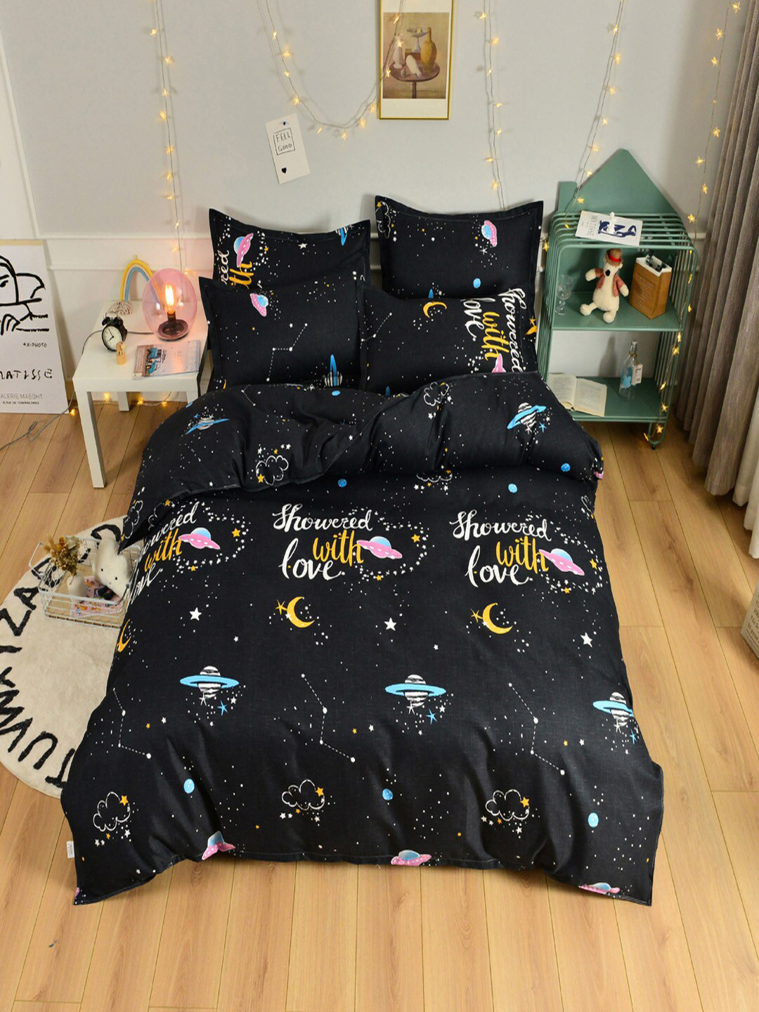 JC HOME Black Blue Printed Double King Bedding Set