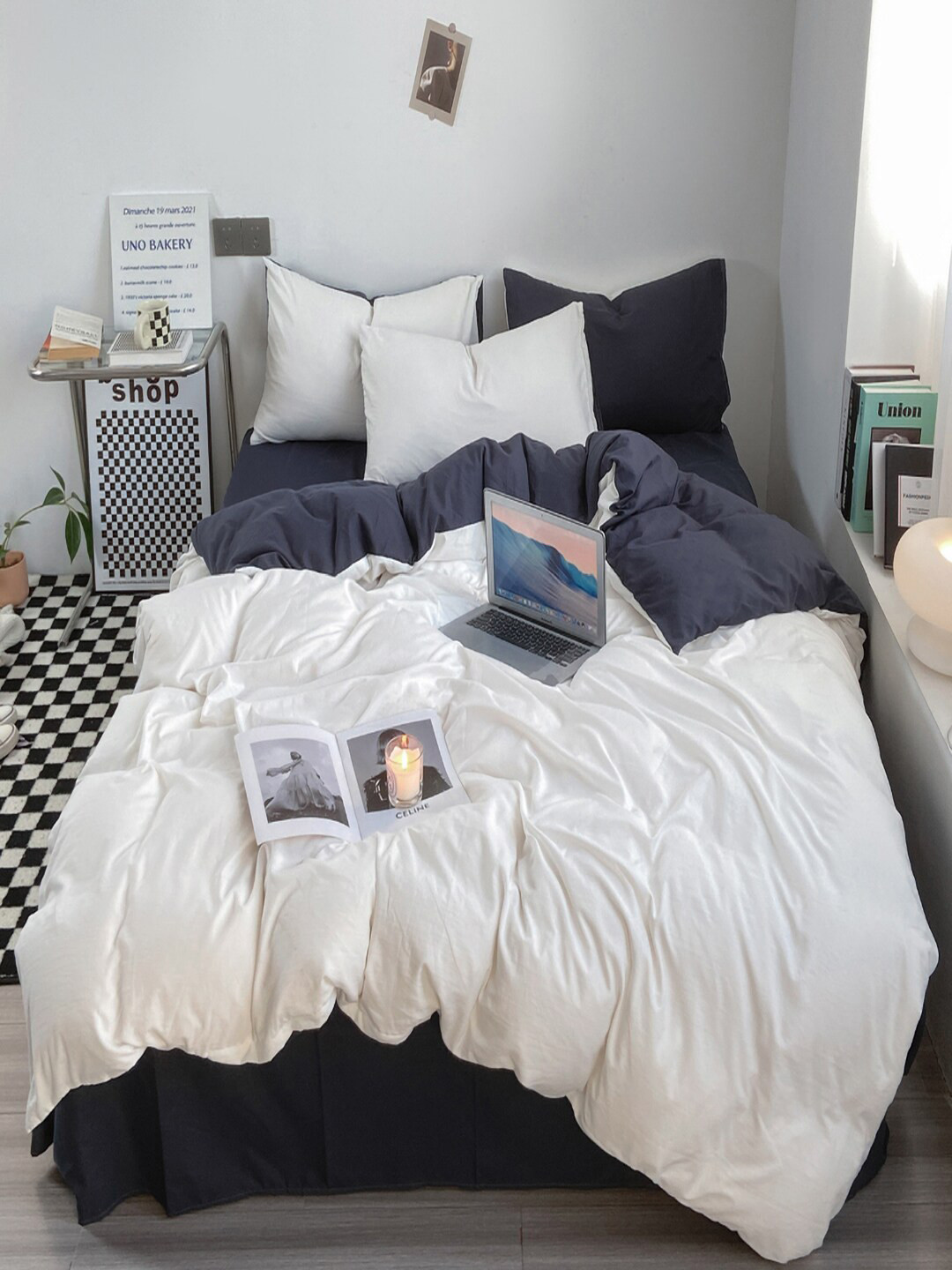 JC HOME Navy Blue & White Single Bedding Set