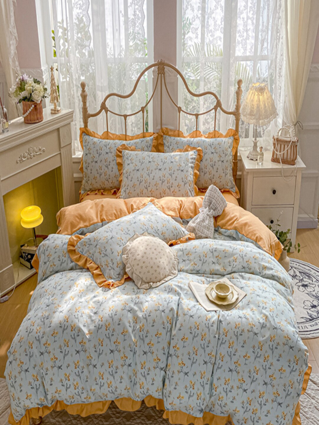JC HOME Orange-Colored & Blue Printed Double Queen Bedding Set