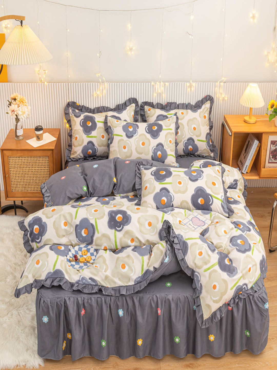 JC HOME Grey & Beige Floral Printed Double Queen Bedding Set