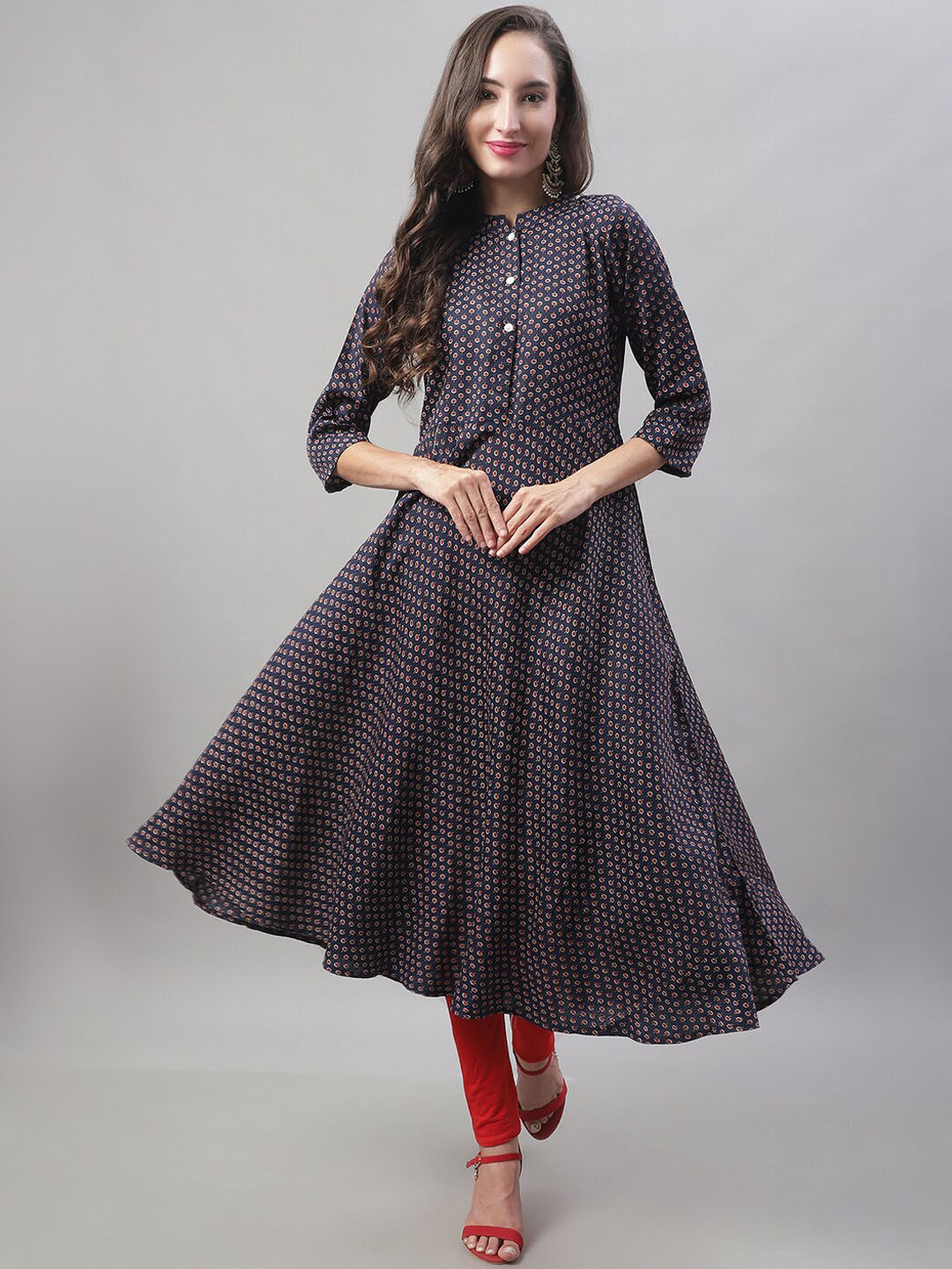 Anouk Navy Blue & Red Mandarin Collar Ethnic Motifs Printed Anarkali Pure Cotton Kurta