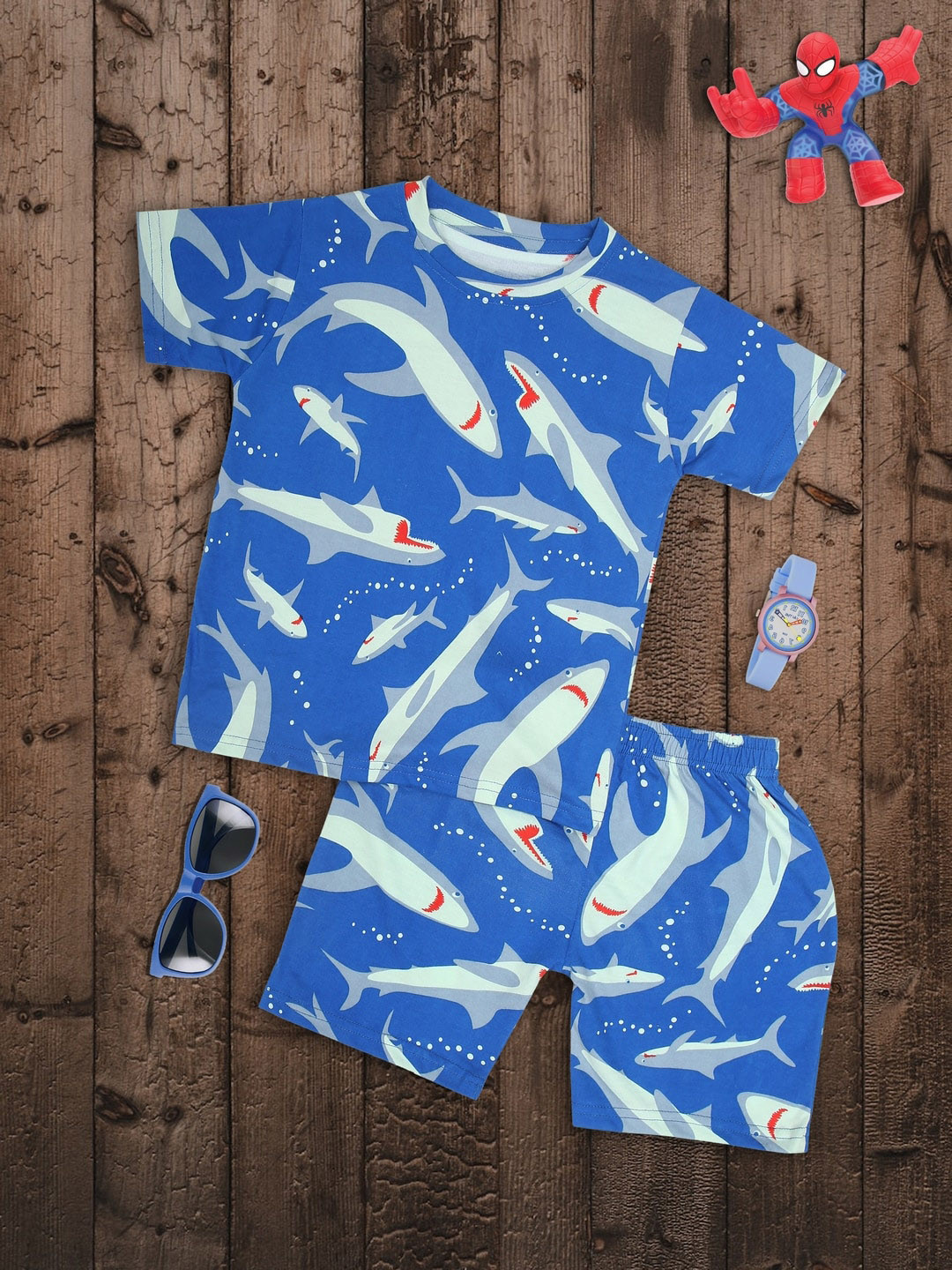 Ninos Dreams Boys Blue Conversational Printed Pure Cotton Night Suit