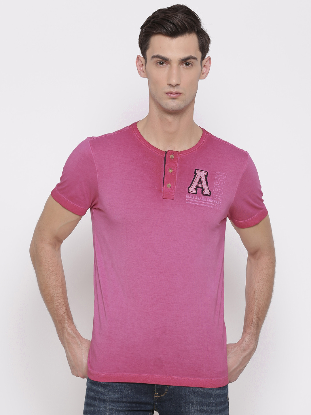 pink t shirt blue jeans