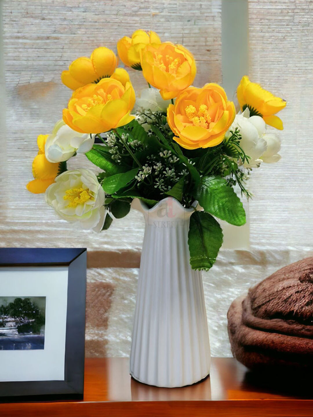 Art Street White & Yellow 2 Pieces Artificial Peony Flowers