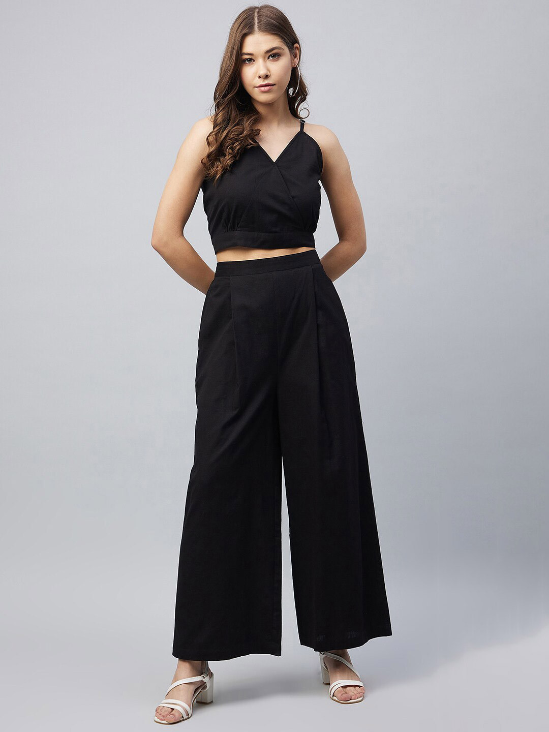 StyleStone Women Black Cotton Linen Crop Top and Palazzos