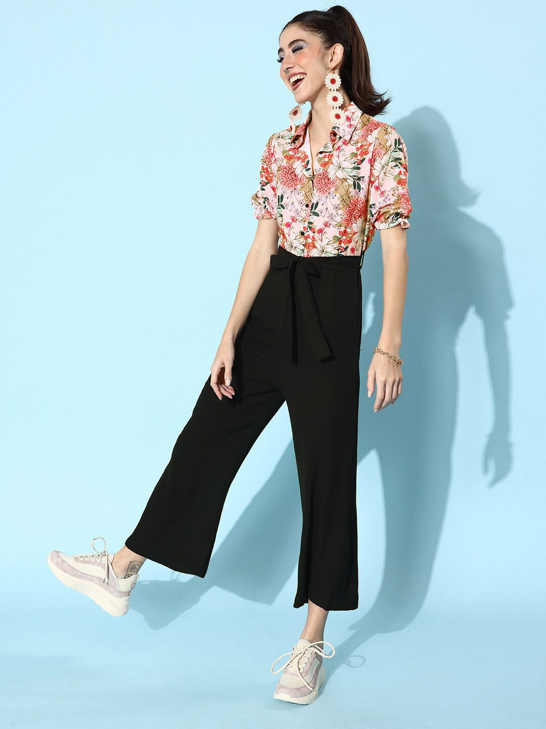 StyleStone Peach-Coloured & Black Printed Puff Sleeves Basic Jumpsuit