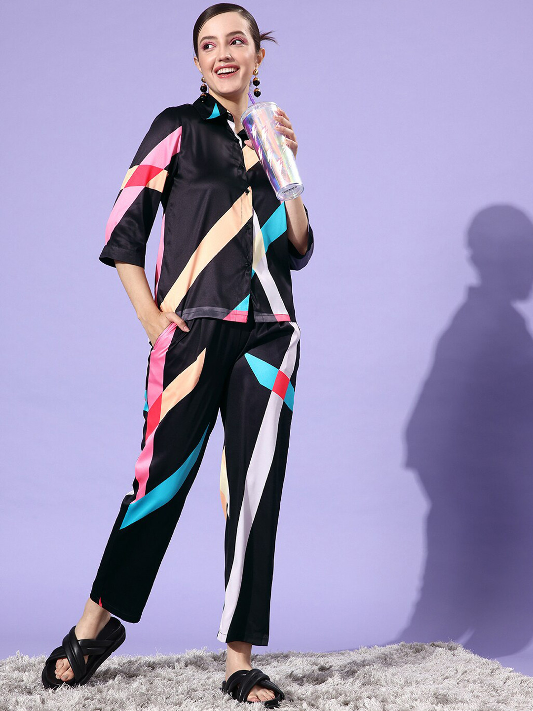 StyleStone Black & Pink Striped Satin Shirt With Trousers