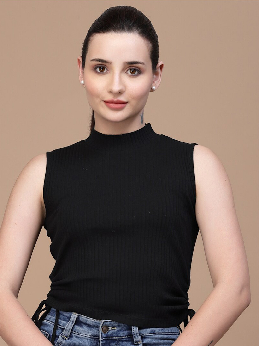 Strong And Brave Odour Free High Neck Tie Ups Detail Cotton Ruched Top