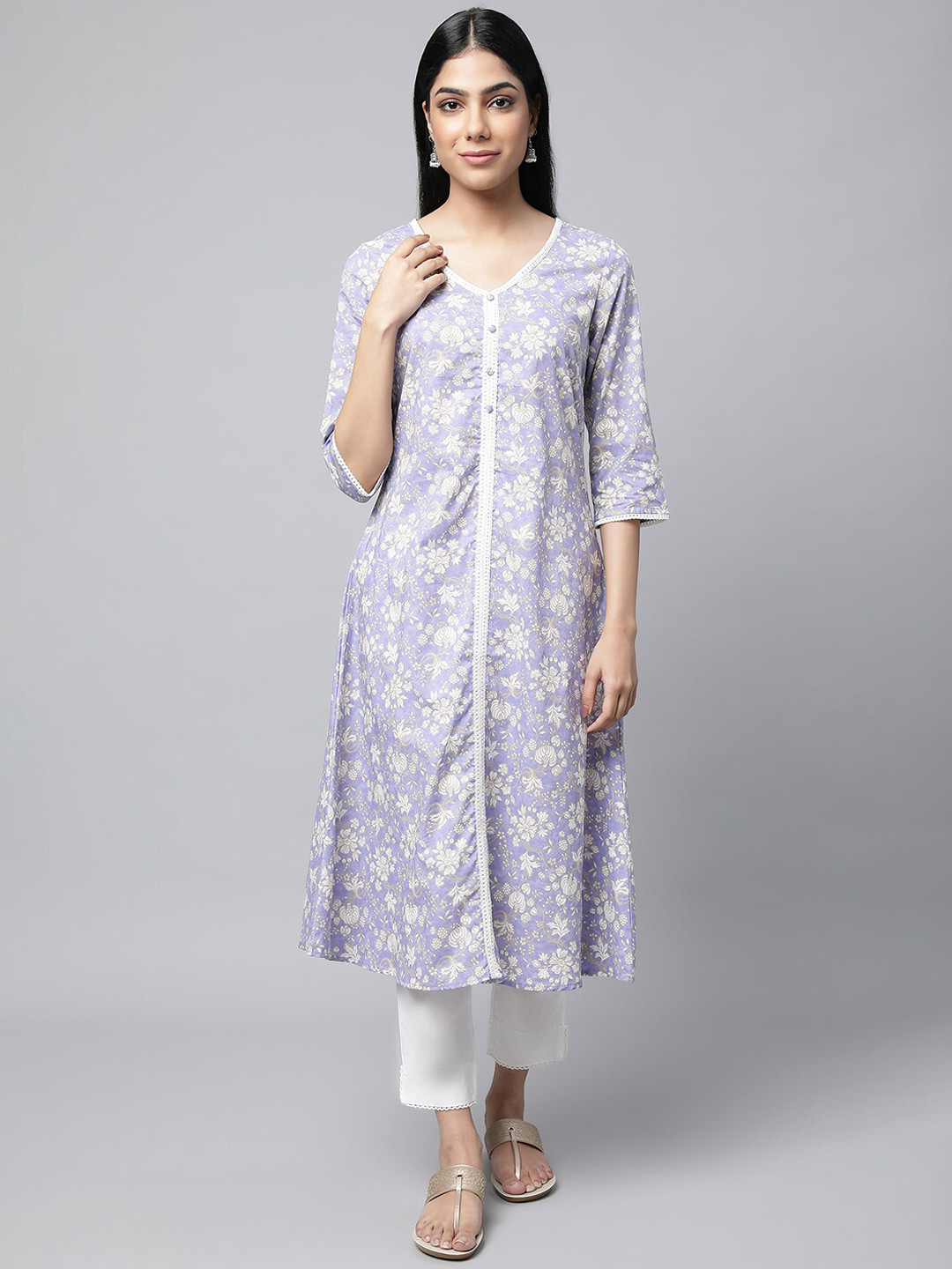 AURELIA Floral Printed Lace Inserted A-Line Kurta with Trousers