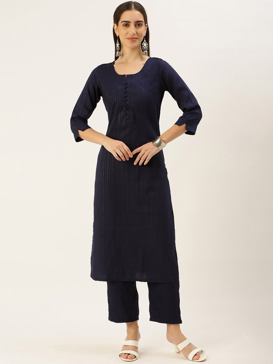 Saanjh Navy Blue Notched Neck Striped Kurta with Trousers