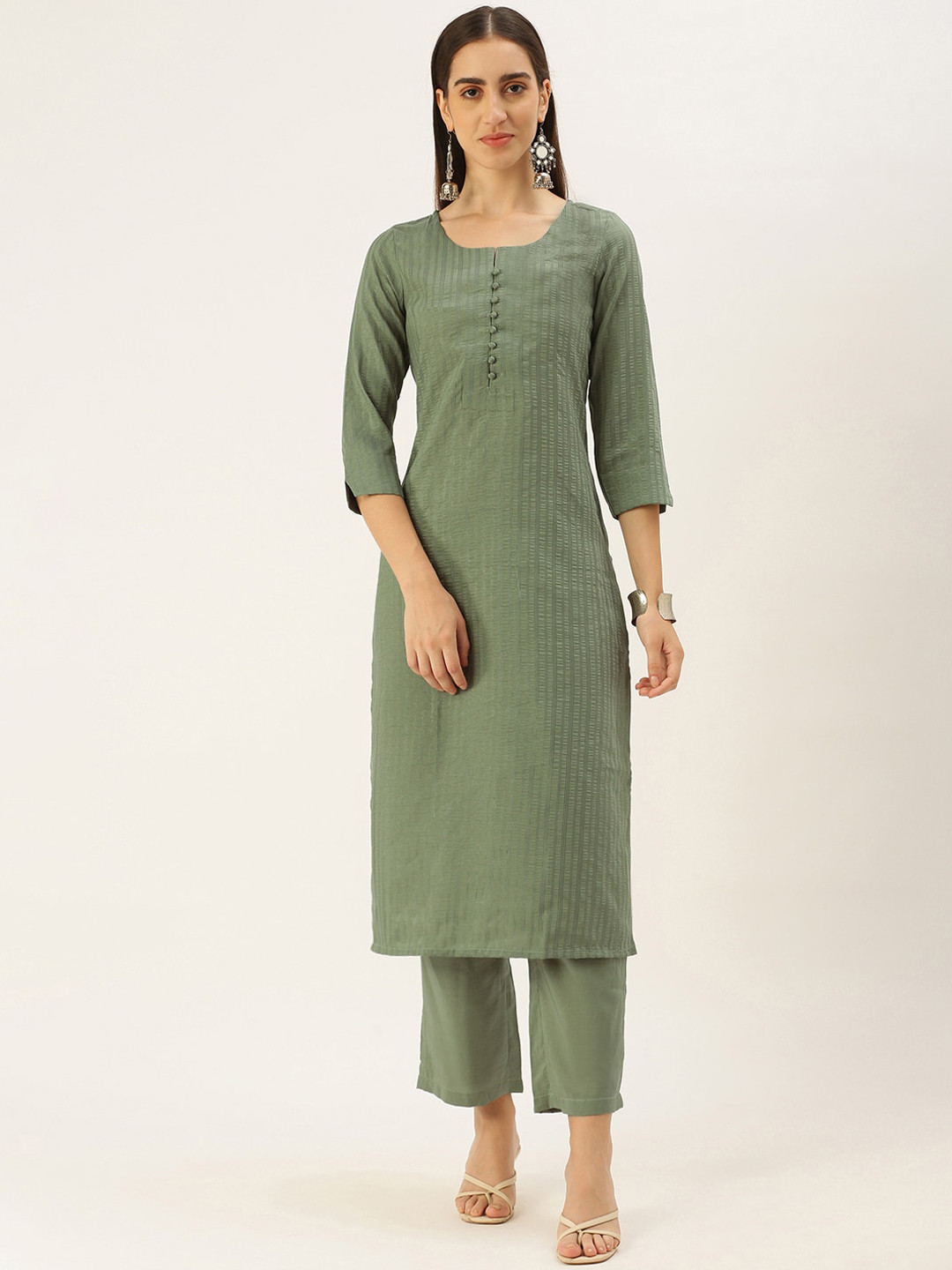 Saanjh Olive Green Notched Neck Striped Kurta with Trousers
