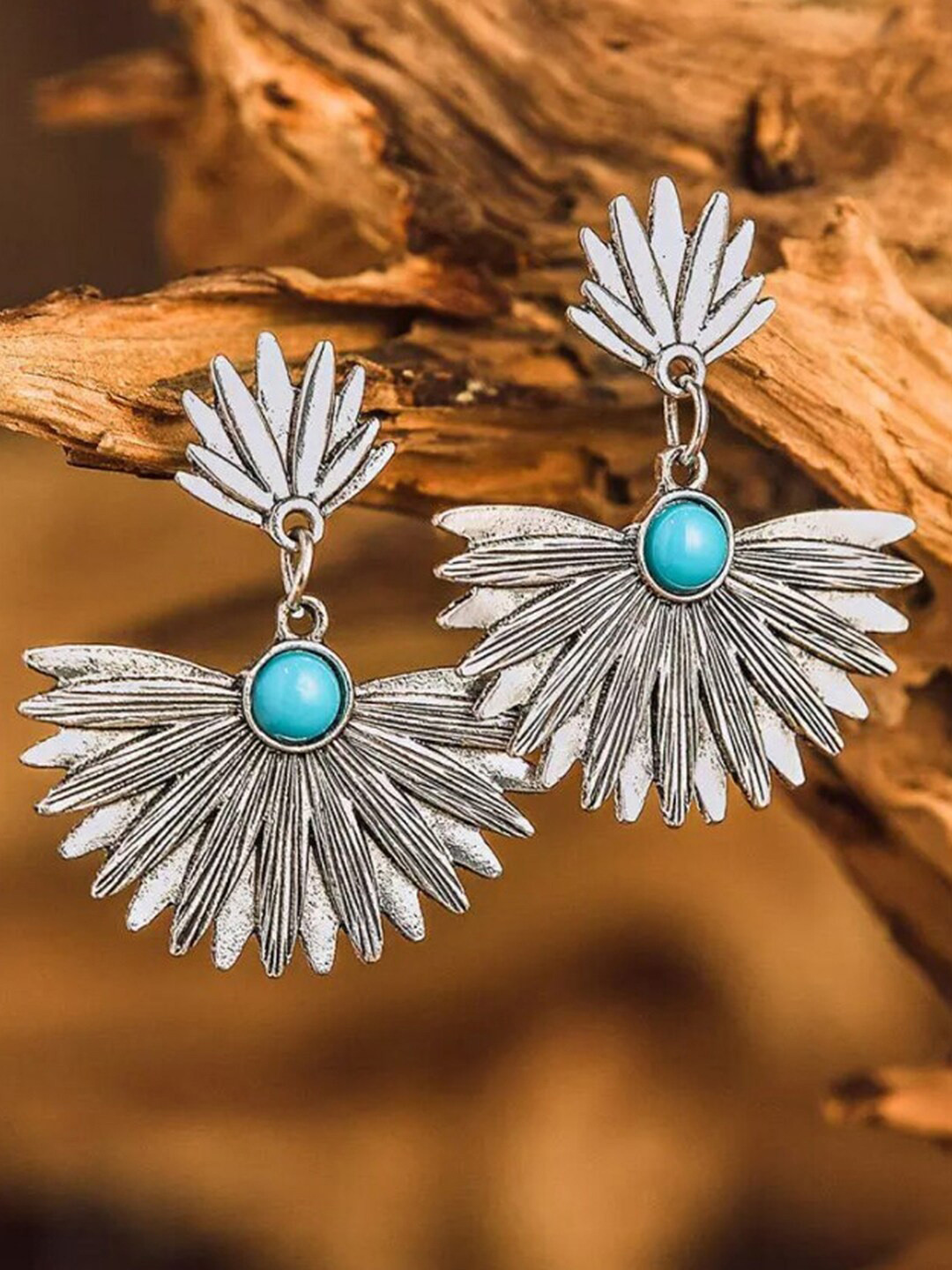 Yellow Chimes Blue Silver-Plated Oxidised Contemporary Drop Stone Earrings