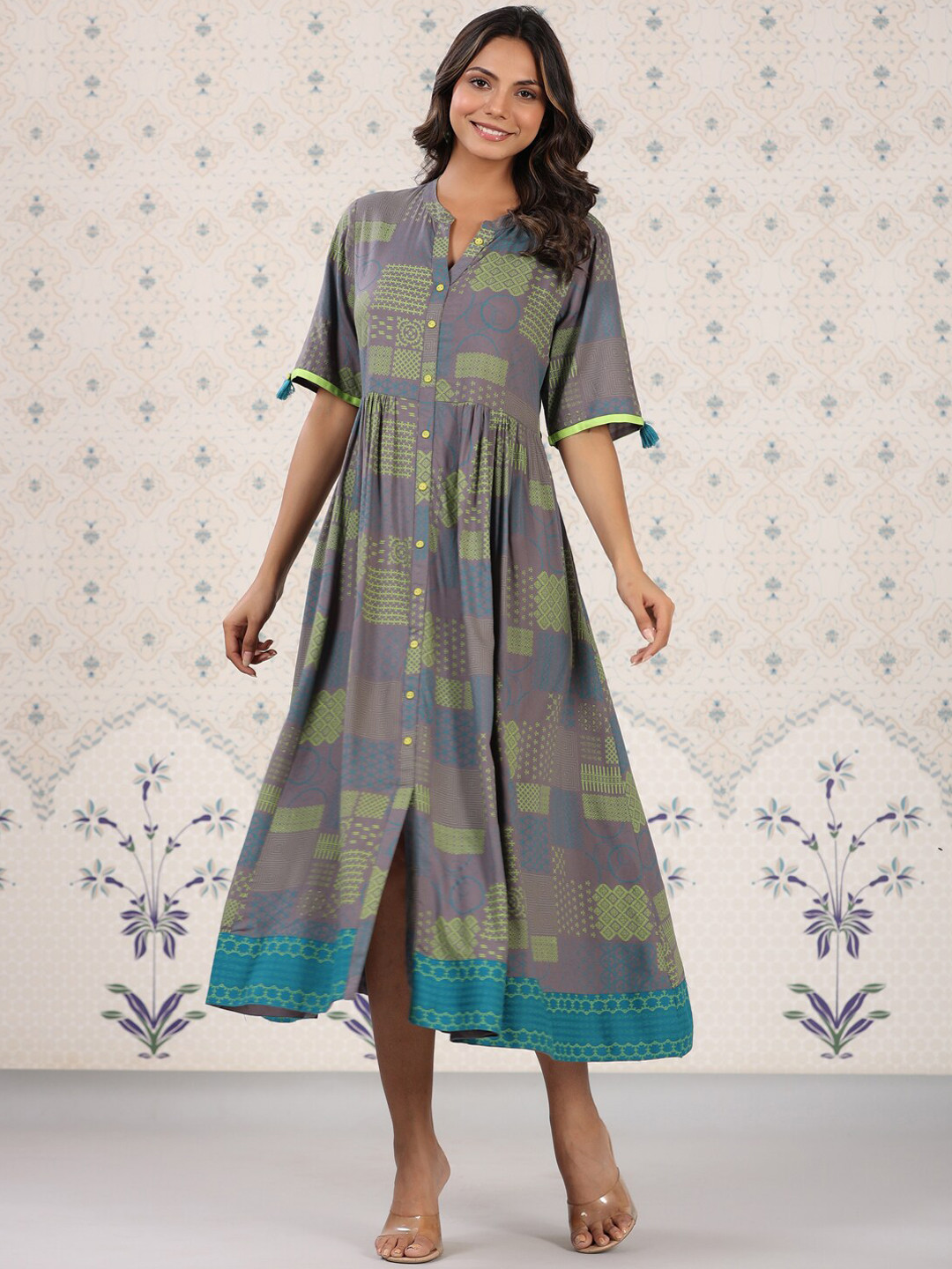 Ode by House of Pataudi Mandarin Collar Ethnic Motifs Printed Shirt Style Dress