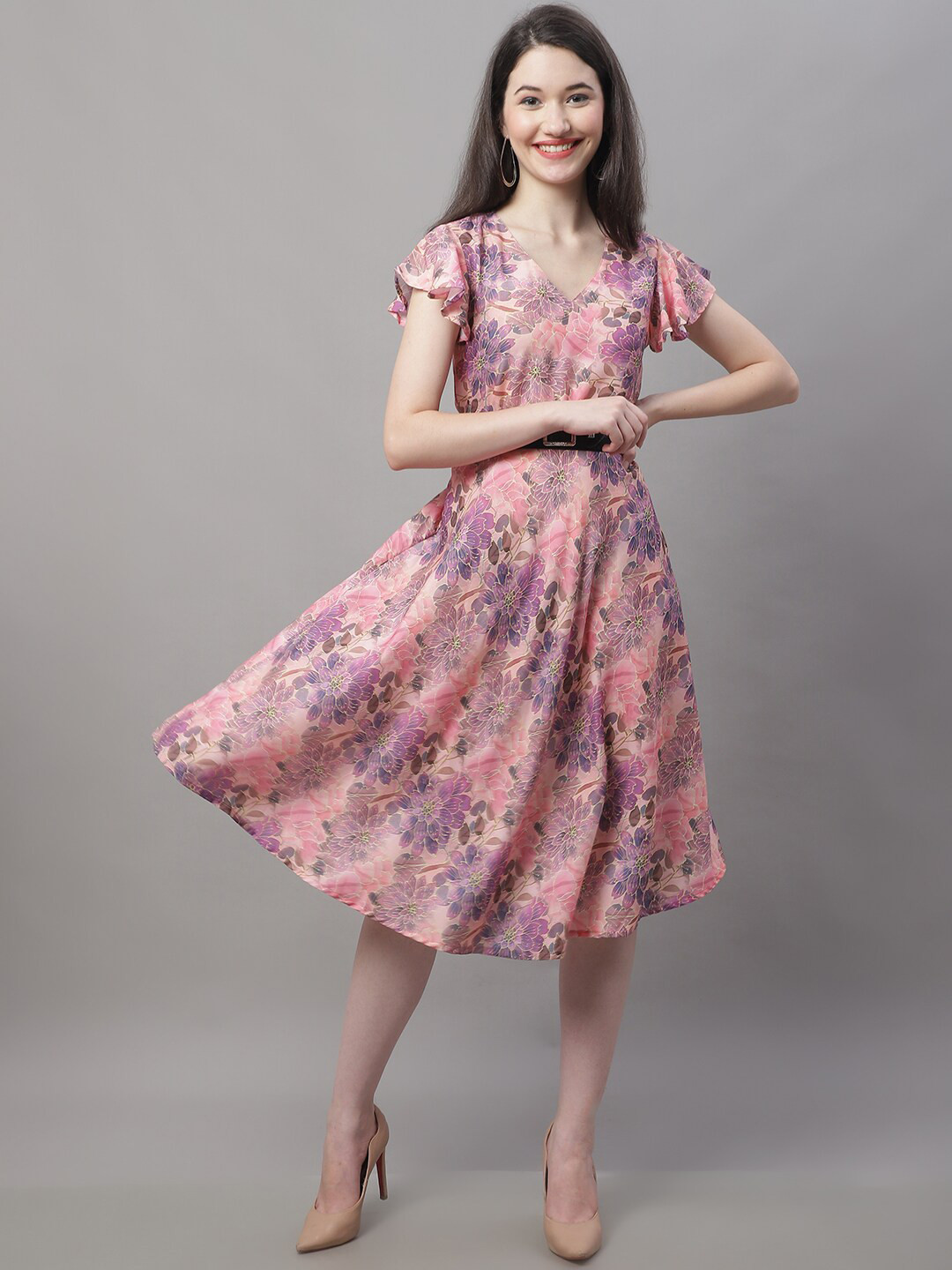 JAINISH Pink Floral Print Flutter Sleeve Midi Dress