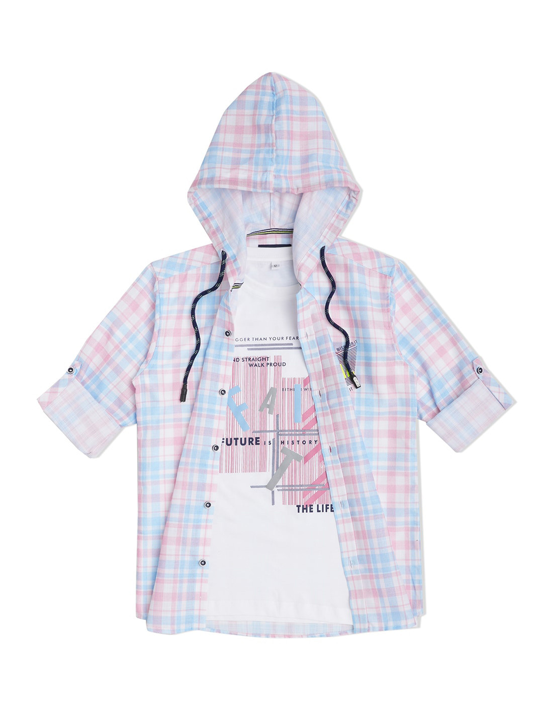 CAVIO Boys Smart Fit Hooded Tartan Checked Opaque Casual Shirt With A T-shirt