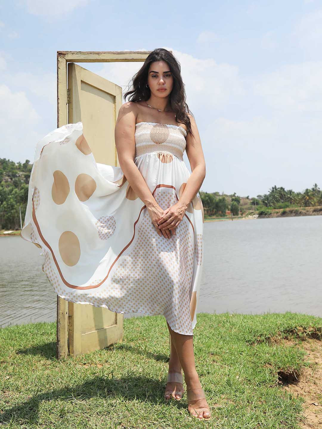RAREISM Polka Dot Printed Detachable Strap Smocked Fit & Flare Midi Dress