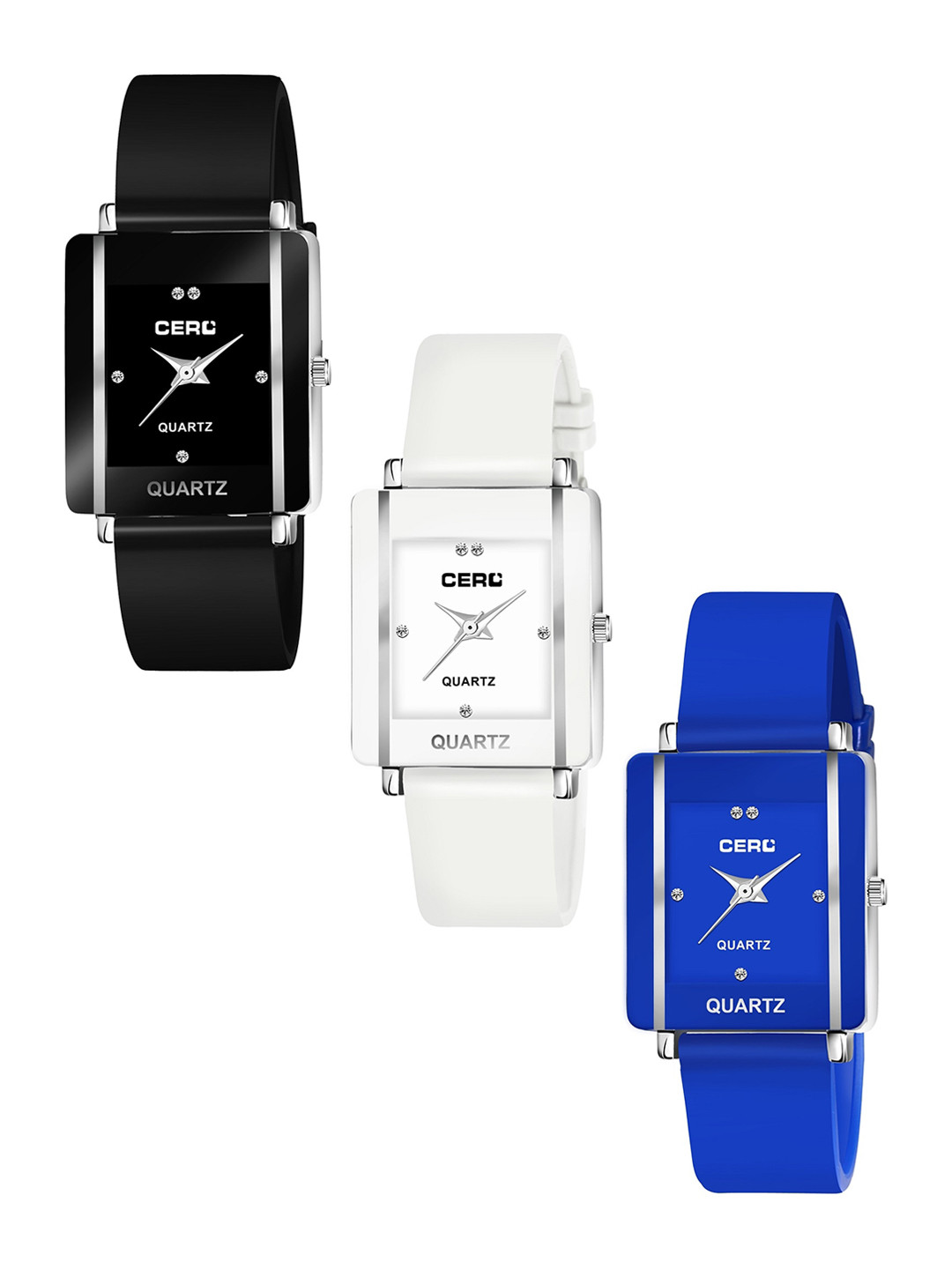 CERO Women Set Of 3 Rectangle Dial Analogue Watch Com3-248-Black-White-Bluenew