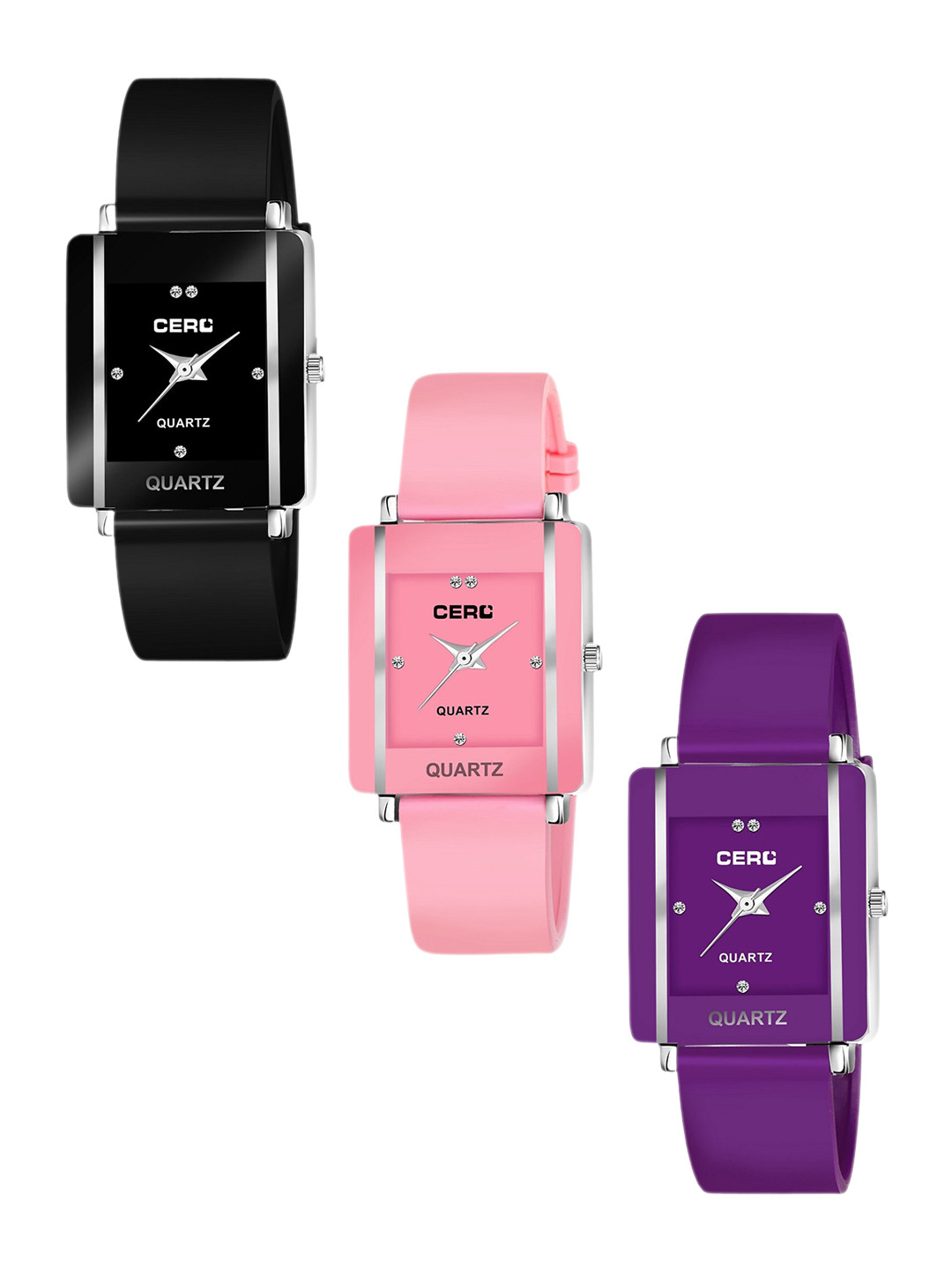 CERO Women Set Of 3 Rectangle Dial Straps Analogue Watch Com3-248-Black-Pink-Purplenew