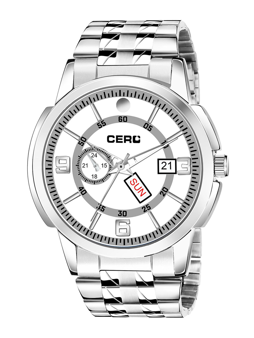 CERO Stainless Steel Straps Day And Date Working Analogue Watch AB203-SIlver-White936new