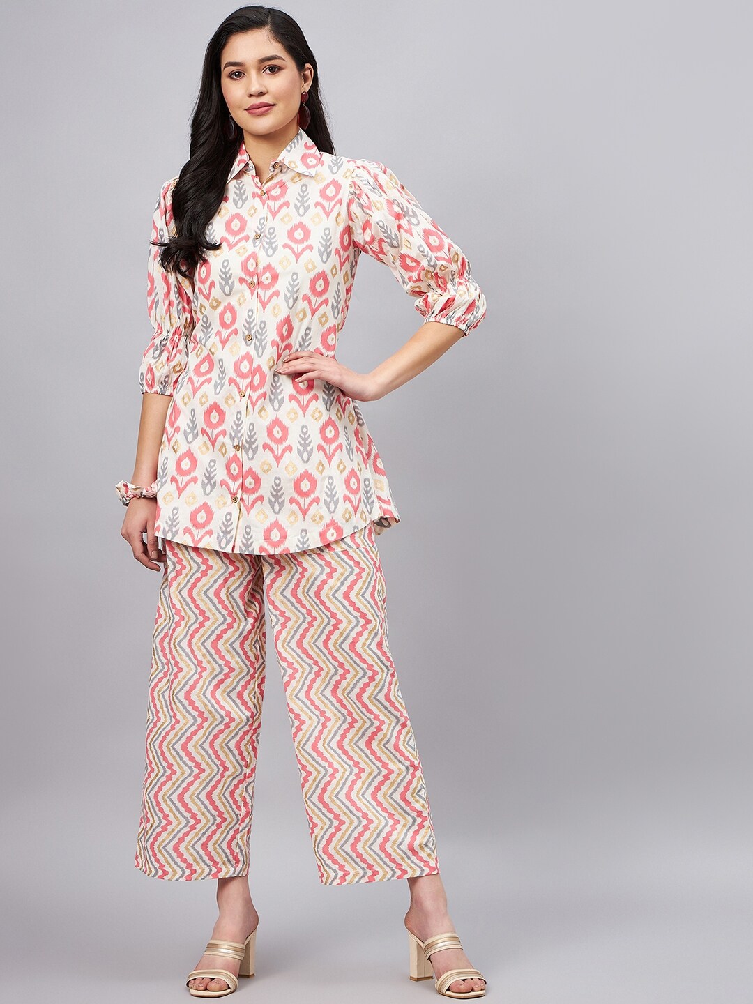 WineRed Floral Printed Pure Cotton Shirt With Flared Palazzos With Scrunchy