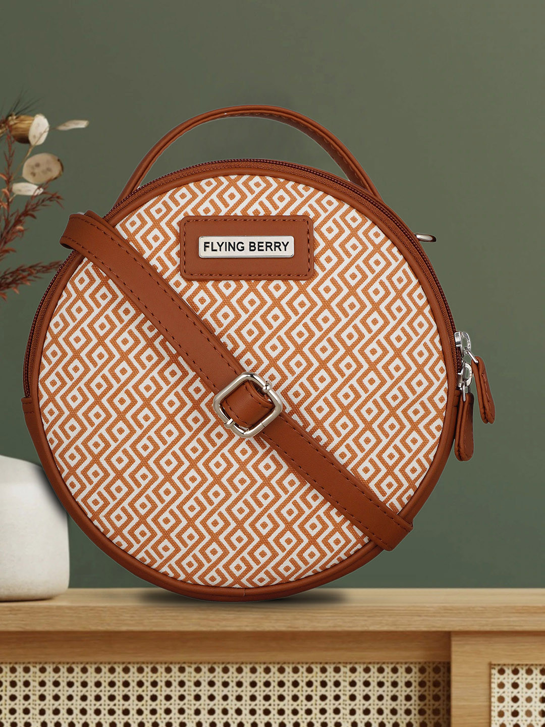 FLYING BERRY Tan Geometric Structured Sling Bag with Cut Work