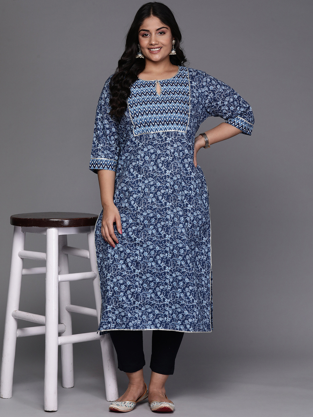 EXTRA LOVE BY LIBAS Women Plus Size Floral Yoke Design Keyhole Neck Gotta Patti Kurta