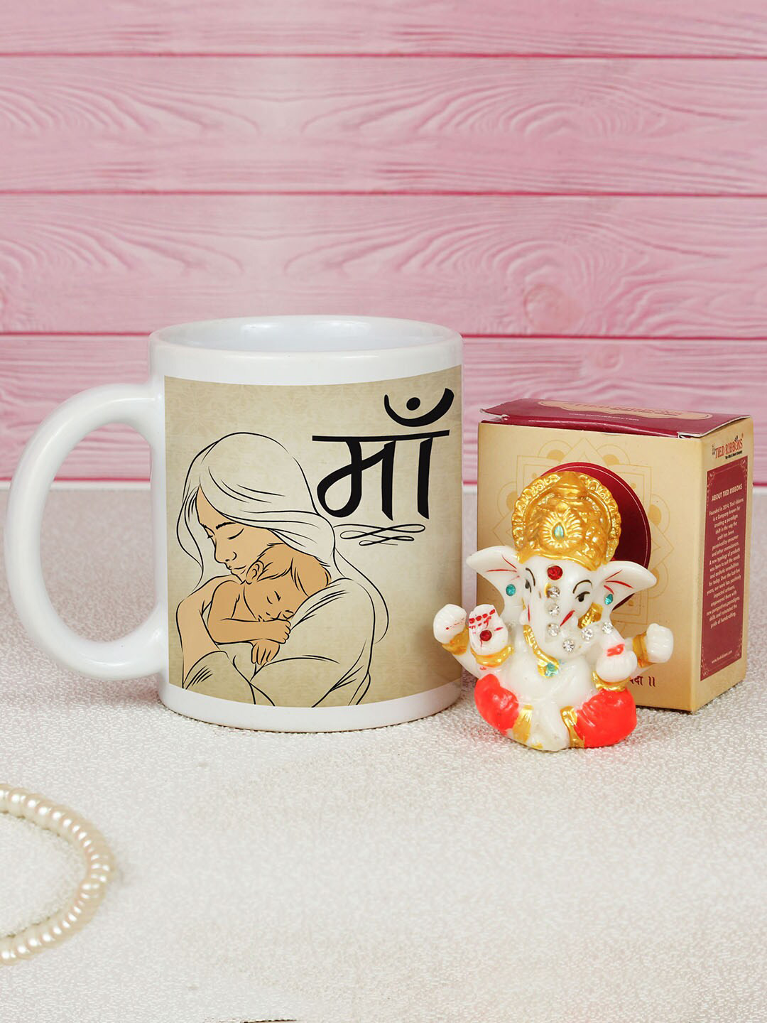 TIED RIBBONS Off White Mothers Day Mini Ganesha Idol With Coffee Mug Home Gift Set