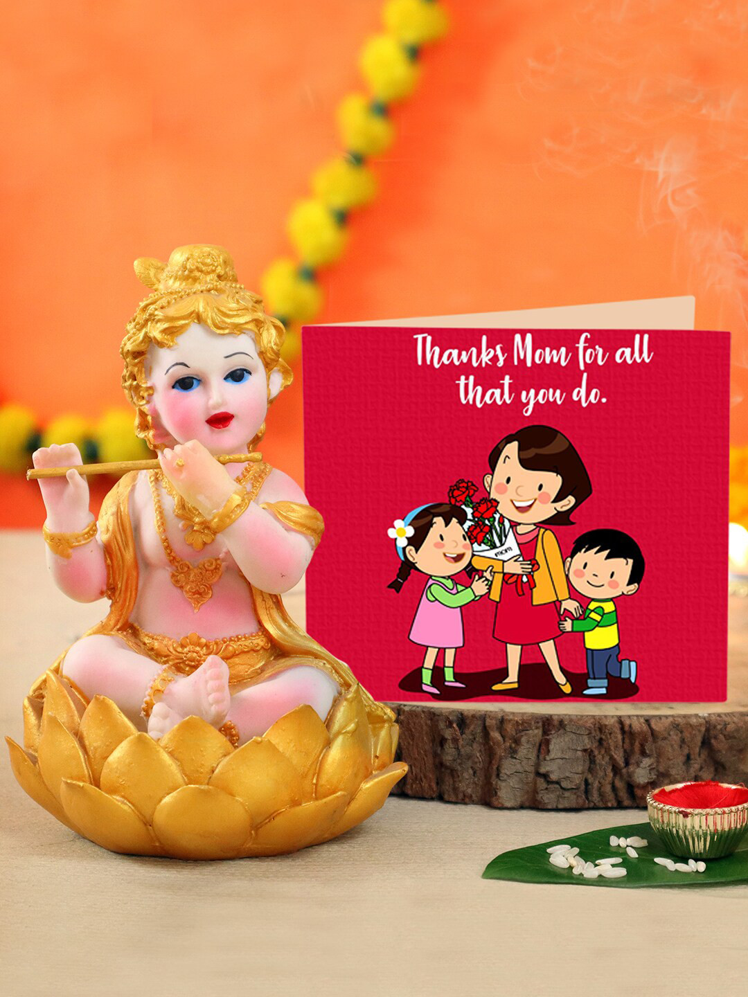 TIED RIBBONS Gift For Mom 2-Pieces Special Krishna Idol Statue with Greeting Card
