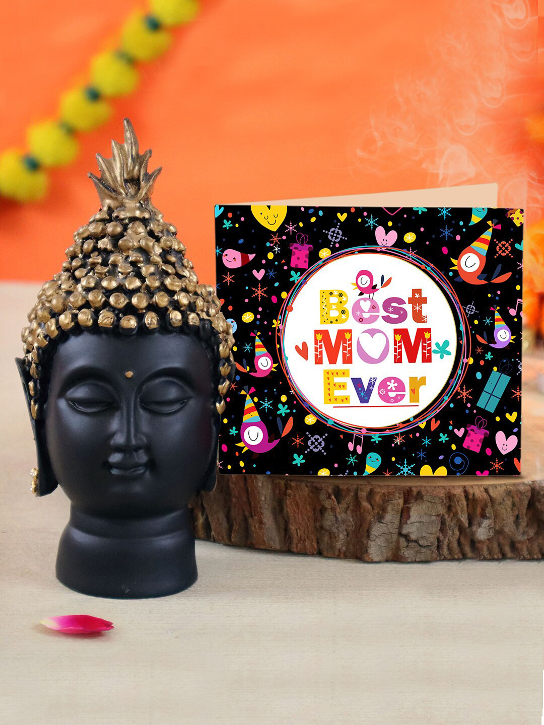 TIED RIBBONS Black & Brown Printed Mothers Day Greeting Card With Buddha Idol Showpiece