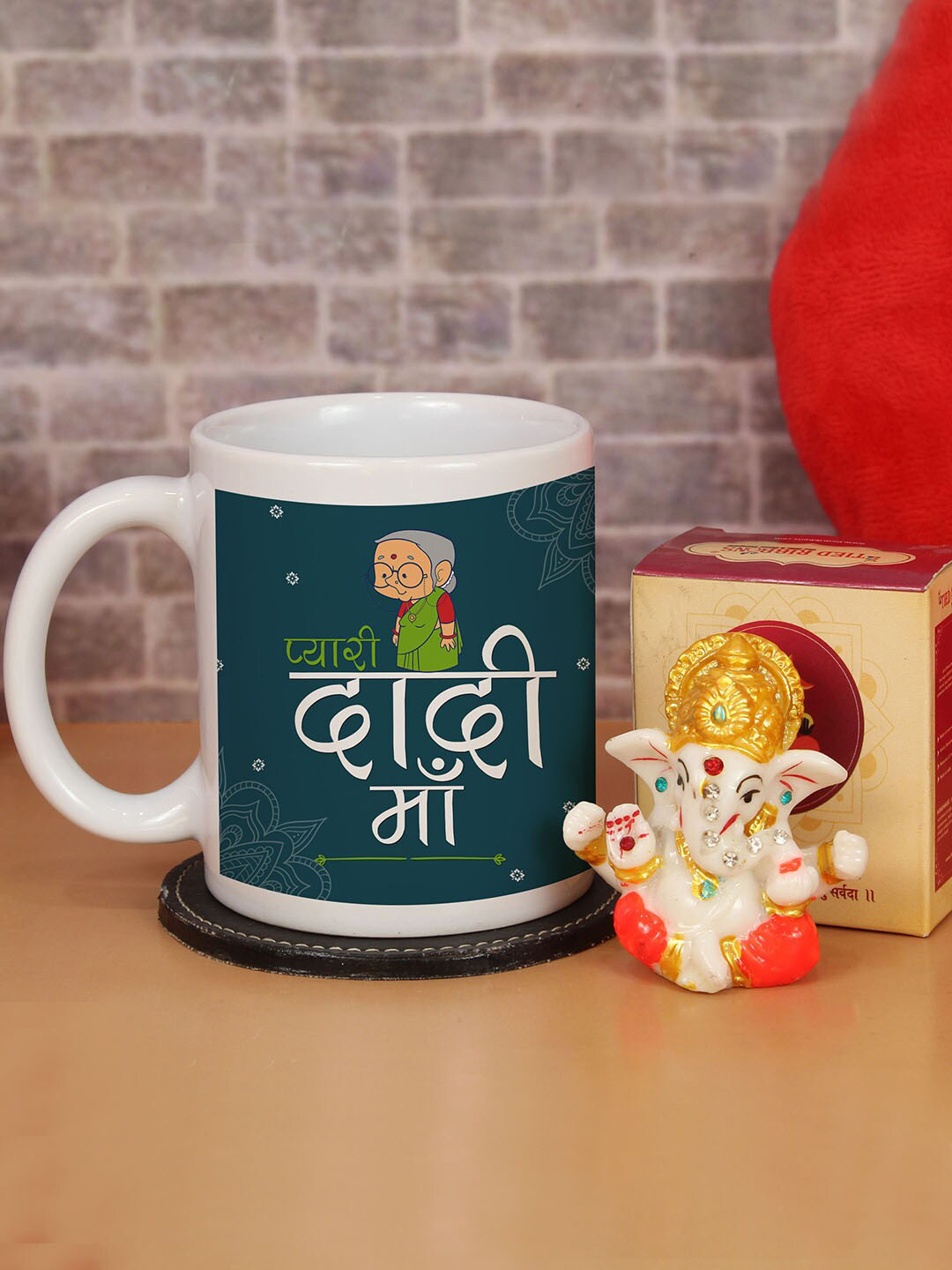 TIED RIBBONS 2-Pieces Green Printed Mug with Ganesha Idol Mothers Day Gift Set