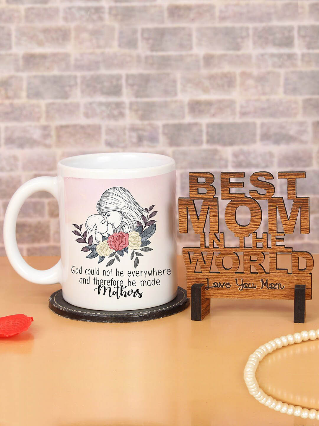 TIED RIBBONS  2-Pieces Mom Printed Coffee Mug with Wooden Showpiece Mothers Day Gift Set