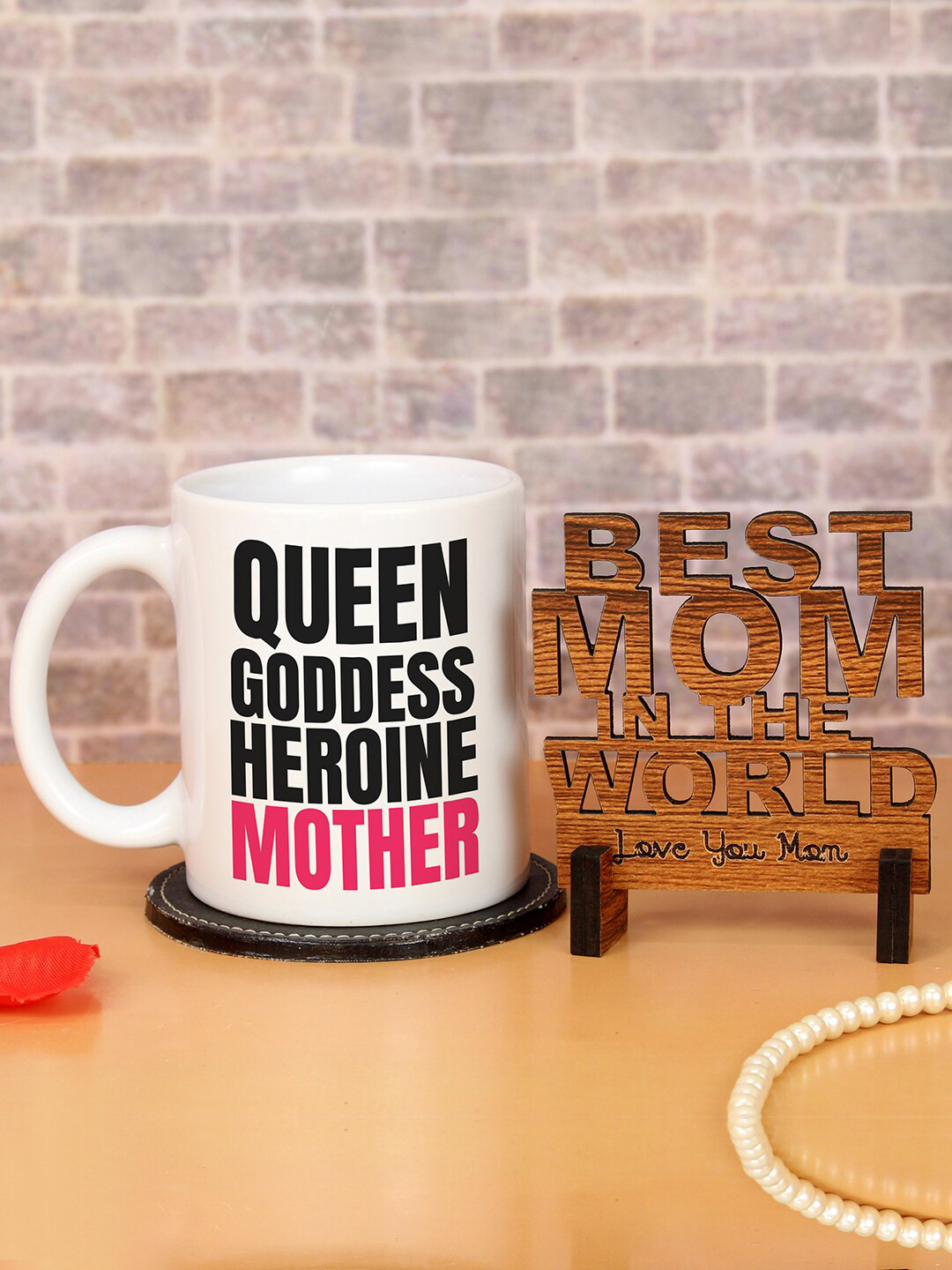 TIED RIBBONS White & Brown Printed Coffee Mug With Wooden Showpiece Mothers Day Gift Set