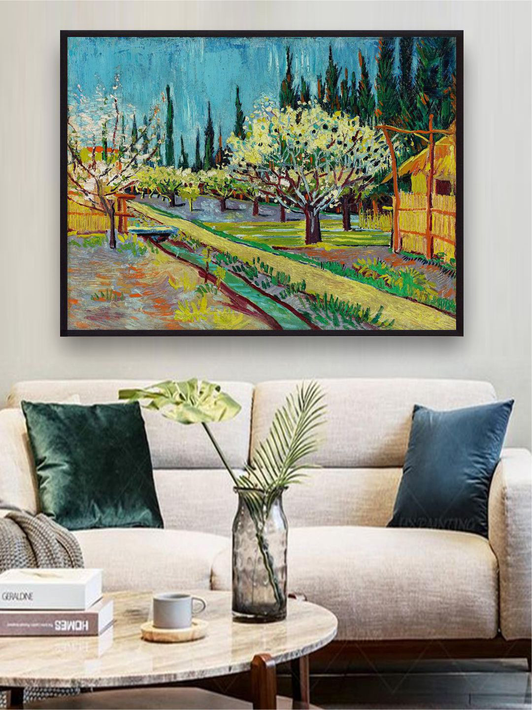 The Art House Blue & Yellow Orchard Bordered by Cypresses By Van Gogh Framed Painting
